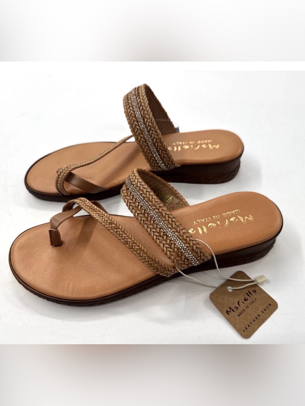Mariella Leather Braided Slide Sandals Womens 8 Tan Rhinestone Toe Loop NEW